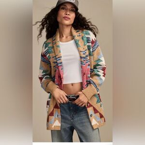 Lucky Brand Southwest Tan Multicolor Aztec Shawl-Collar Cardigan Size S